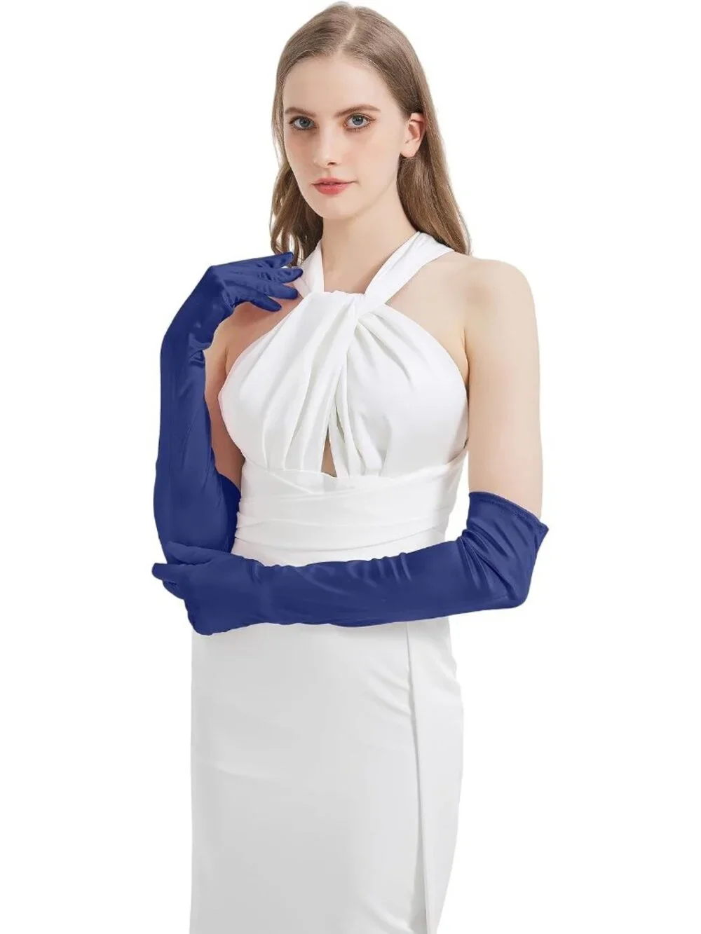Women's Navy Blue Satin Opera Elbow Length 1920s Flapper Long Gloves Party